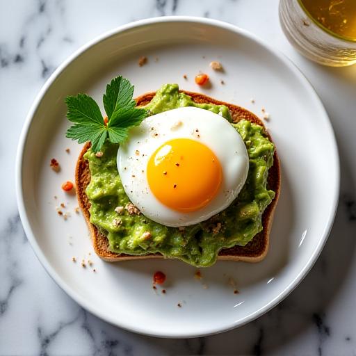 Plato de brunch con tostada de aguacate y huevo sobre mesa de mármol